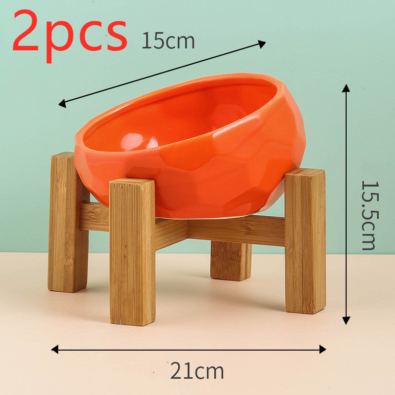 Pet Supplies Ceramic Cat & Dog Bowl – Oblique Mouth Bowl with Optional Wooden Stand