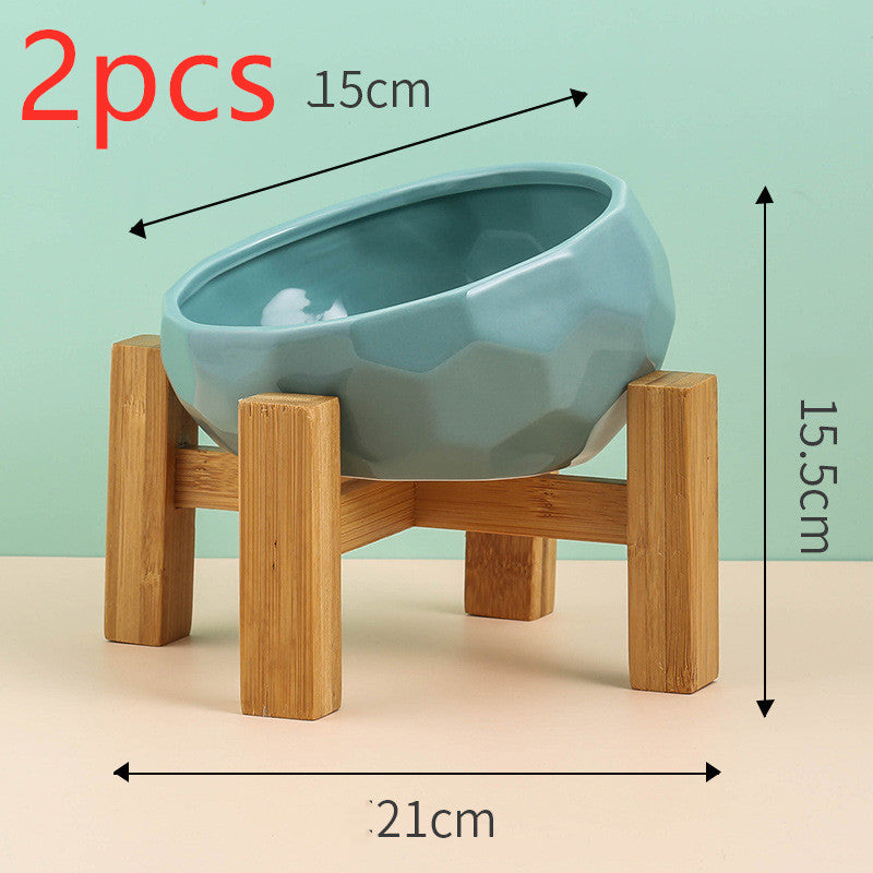 Pet Supplies Ceramic Cat & Dog Bowl – Oblique Mouth Bowl with Optional Wooden Stand